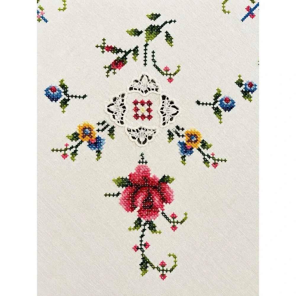 Vintage Hand Embroidered Linen Cross Stitch Tablecloth 7 Napkins Floral 63 x 63